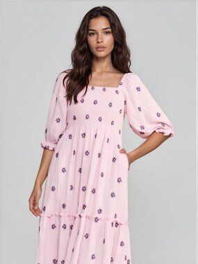 Bump Friendly Lavender Floral Smocked Puff Sleeve Maxi Dress